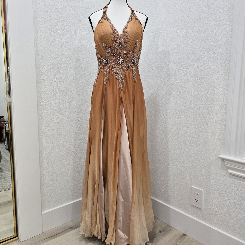 Burnt Orange Formal Gown Dress Halter Top Beaded Couture Size 4